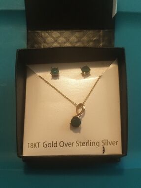 18KT Gold Over Sterling Silver Green Stone Necklace & Earring Set